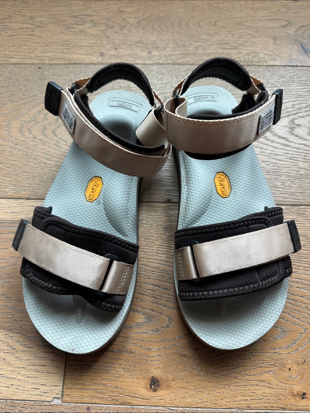 Suicoke Outdoor Sandals in Light Blue and Beige with Black Accents